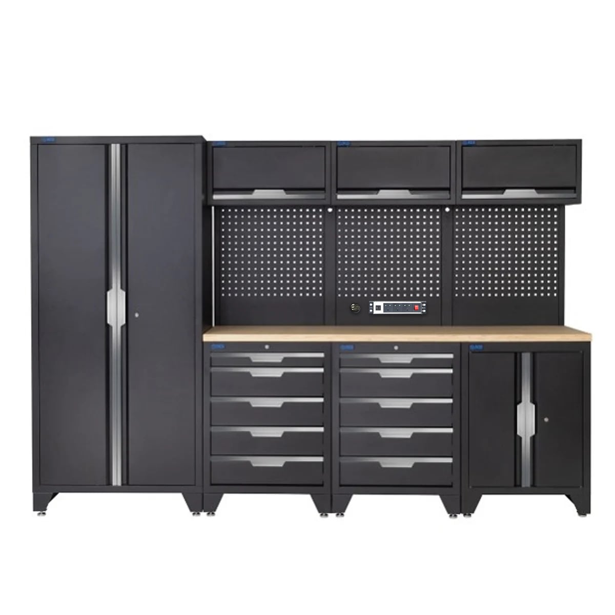 SGS 10pc Modular Garage Storage | 10 Drawers | Plywood Worktop | Tall Double Cabinet | Floor Cabinet | 3x Upper Cabinets | Pegboard with Power Strip